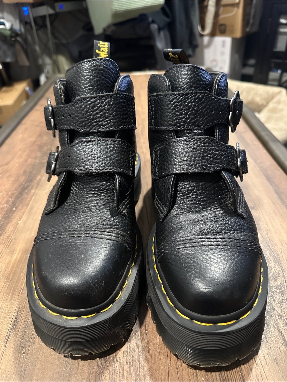 Dr. Martens Black Leather Double-Strap Ankle Boots with Yellow Stitch